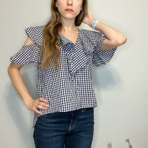 Amanda Uprichard Maddox cold shoulder gingham ruffle blouse